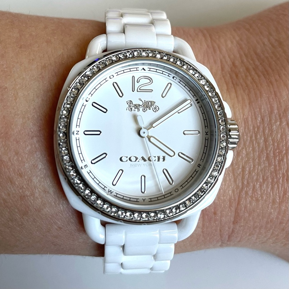 White Ceramic Coach Watch with Crystals